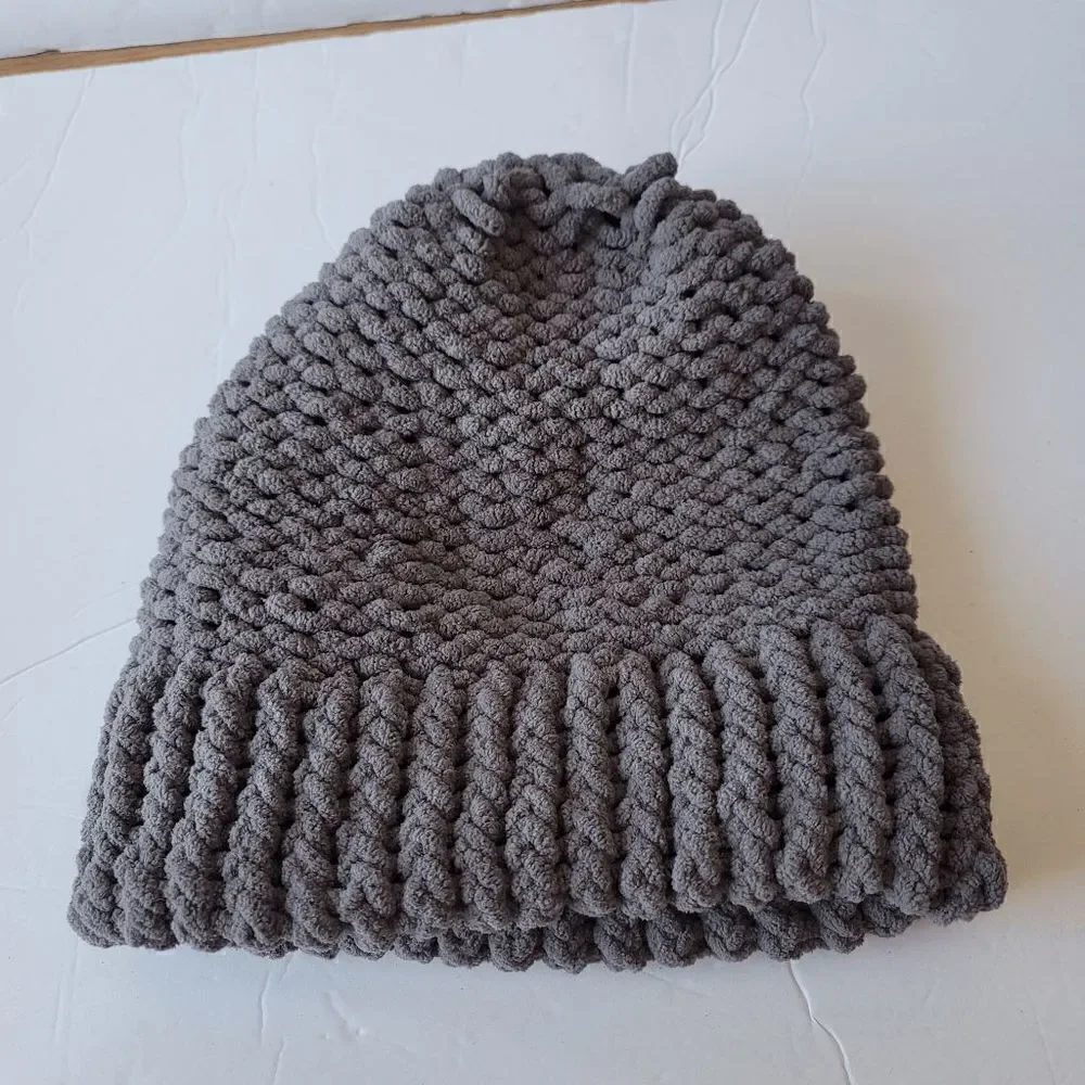Hand made gray crochet cable knit beanie hat one size